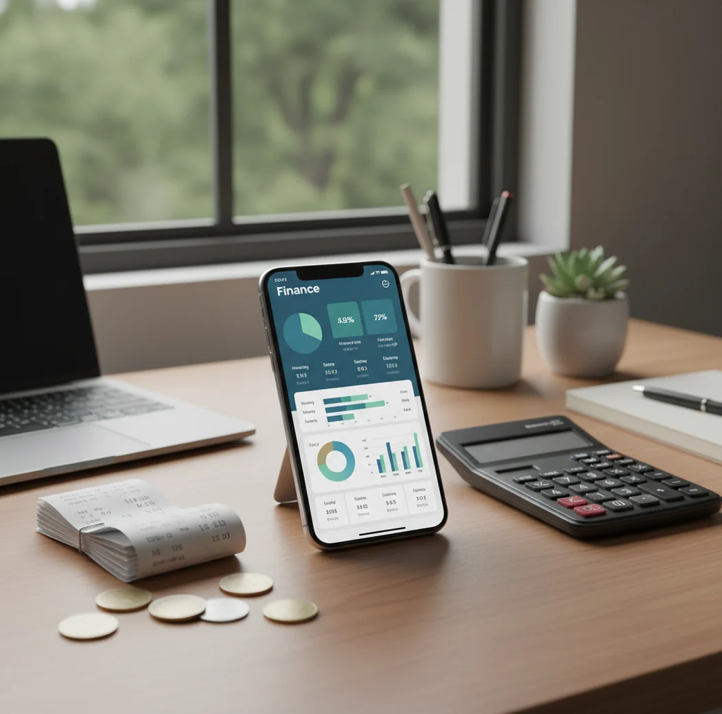 iPhone on desk showing spending charts beside receipts and calculator